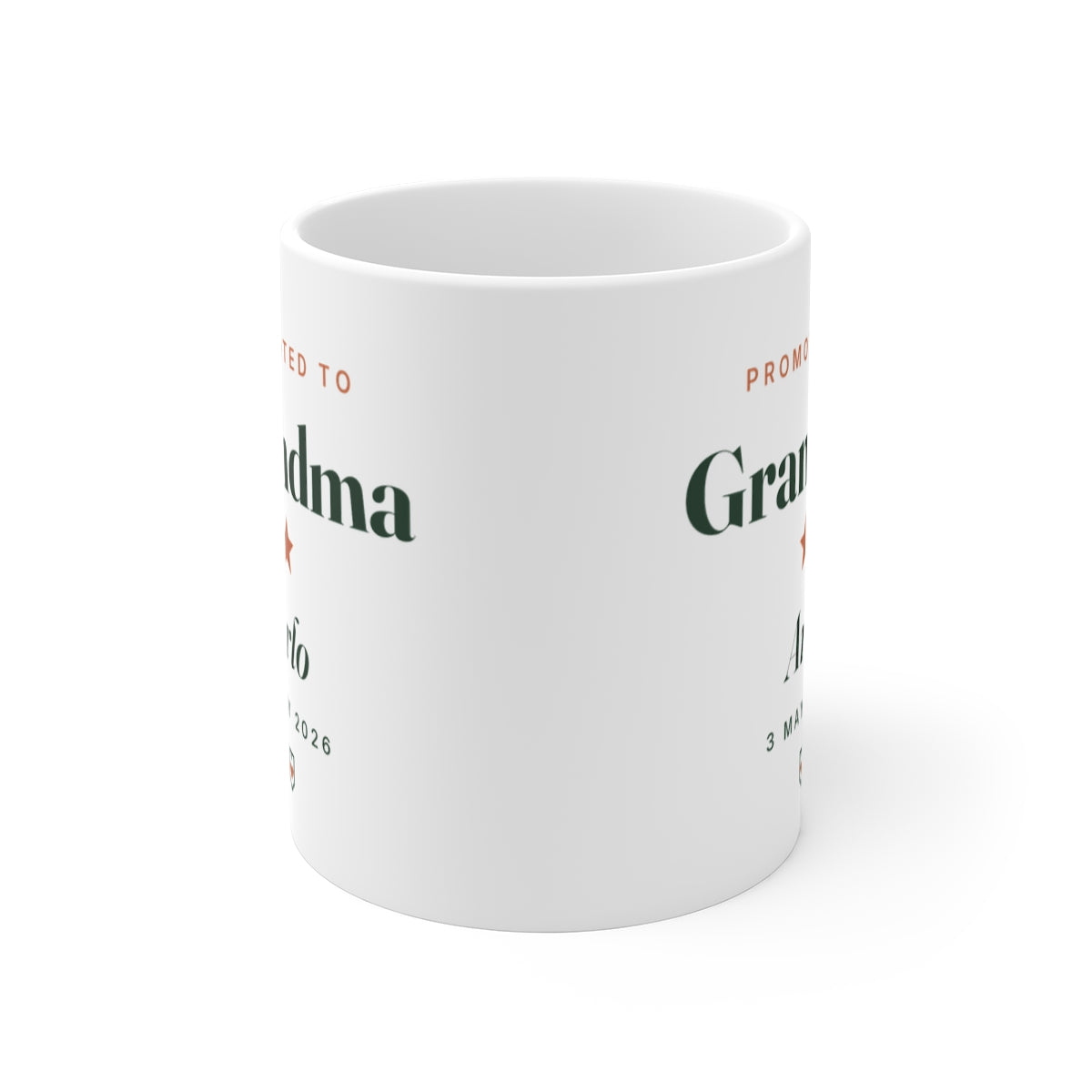 Personalised new Grandma mug mock-up seen from the front with the handle hidden, the print wrapping onto both sides