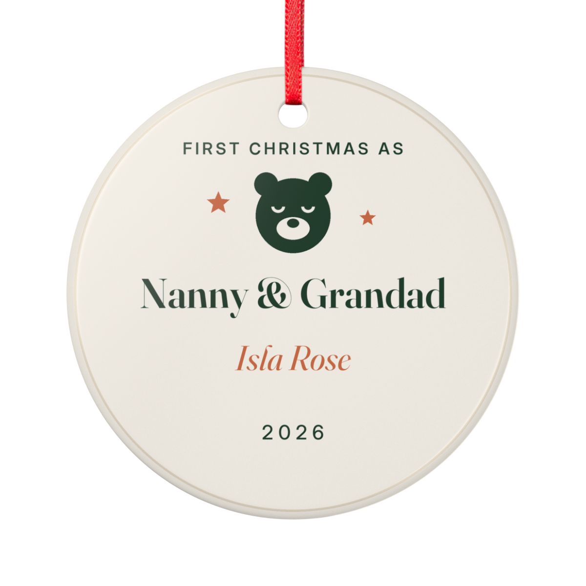 Personalised new grandparents' ornament mock-up with a bear face, 'First Christmas as Nanny & Grandad', 'Isla Rose', '2026'