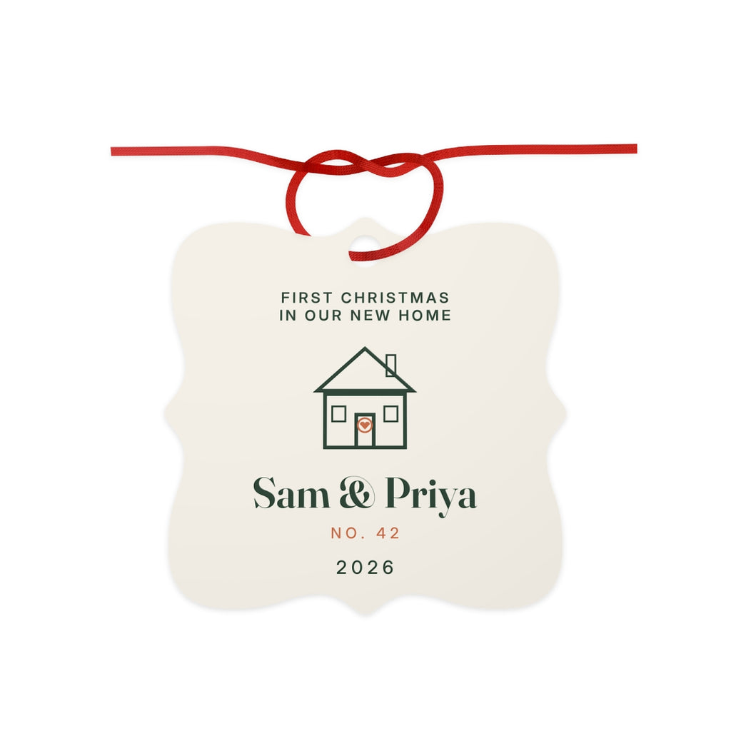 Personalised new home aluminium ornament mock-up, square with a red cord, a house outline, 'Sam & Priya' and 'No. 42'