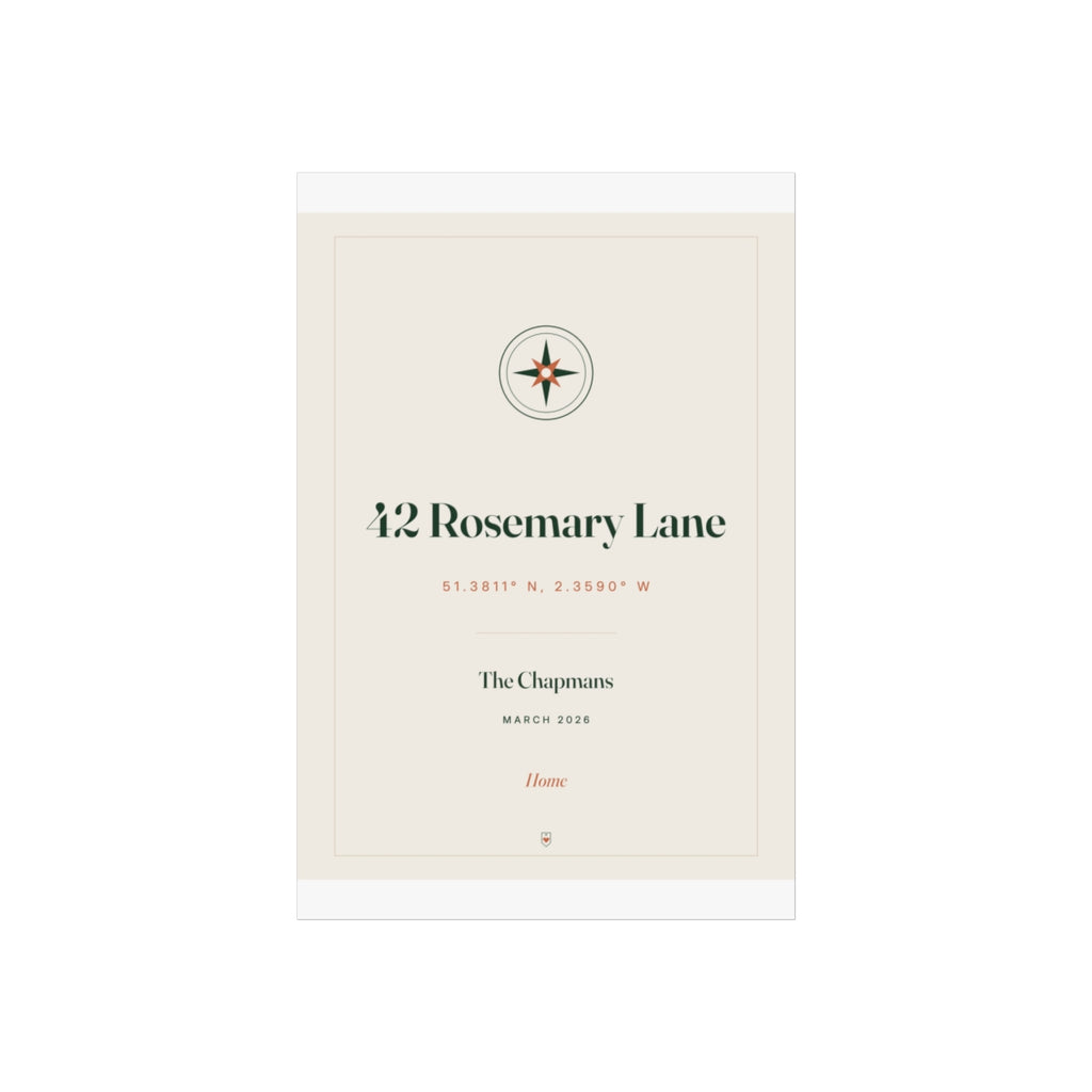 Personalised new home coordinates print mock-up in the taller 8 x 12 in proportion, 'March 2026' and 'Home' beneath the name