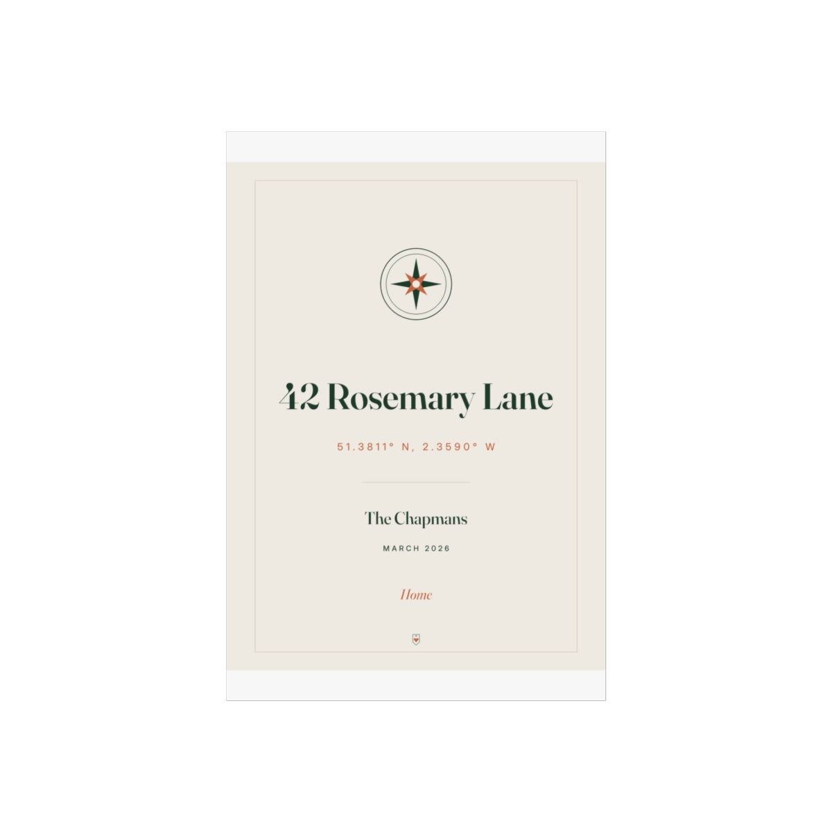 Personalised new home coordinates print mock-up in the taller 8 x 12 in proportion, 'March 2026' and 'Home' beneath the name