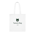 Personalised nursery bag tote mock-up, white cotton with a green bear, 'Nursery Bag' and the sample name 'Arlo', laid flat