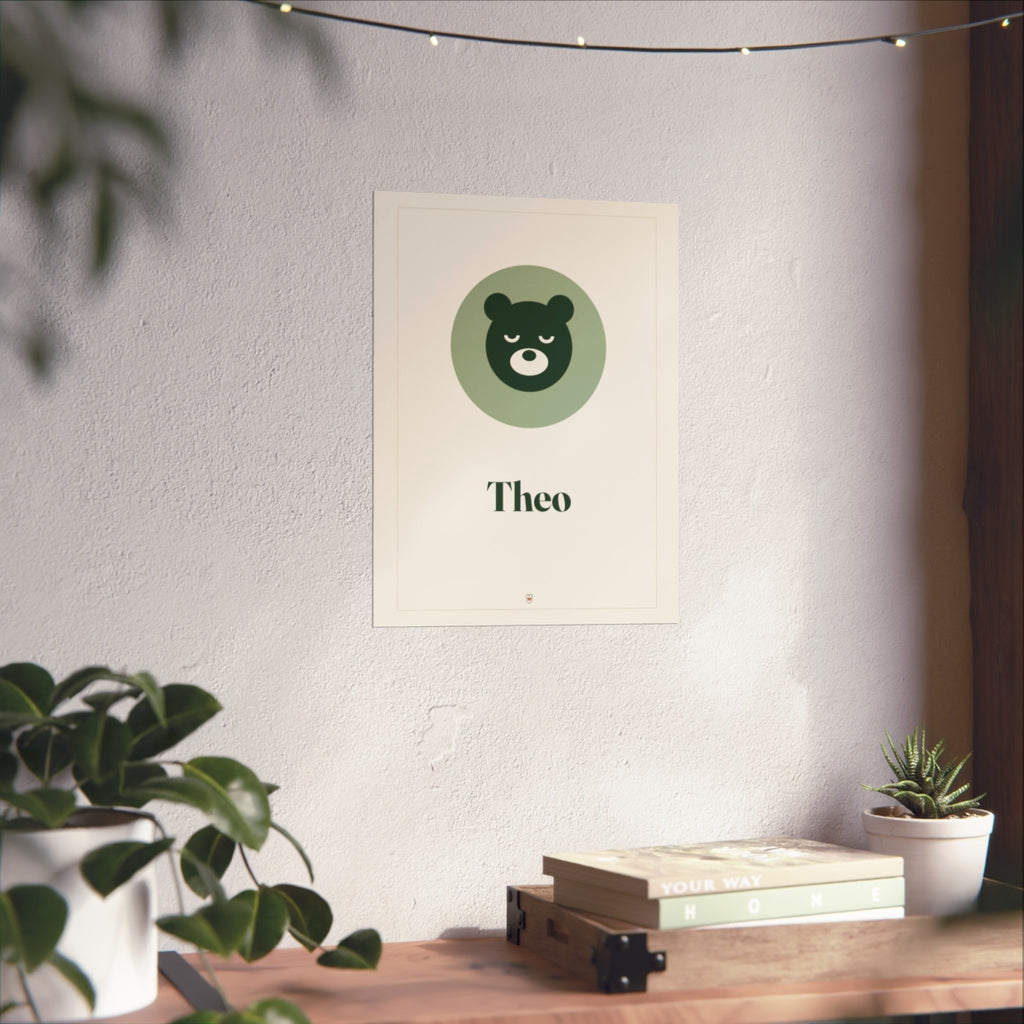Nursery name print mock-up in the larger size on a sunlit white wall above a wooden shelf with books and plants