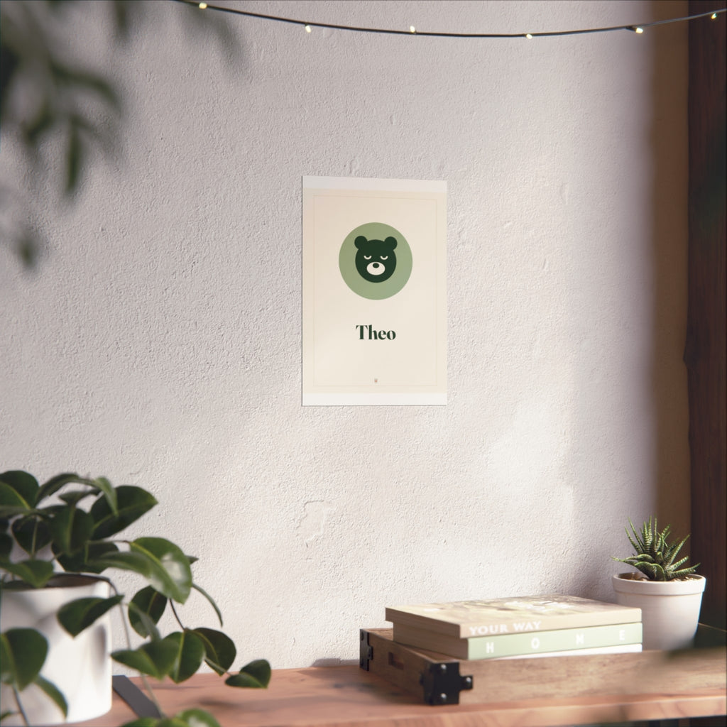 Nursery name print mock-up in the smaller size on the sunlit white wall above the shelf, fairy lights overhead