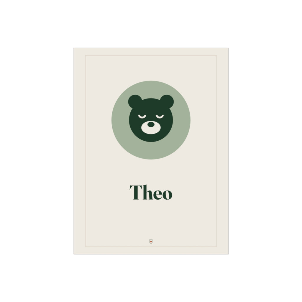 Personalised nursery name print mock-up, a sleepy bear in a sage circle with the sample name 'Theo' on a cream background