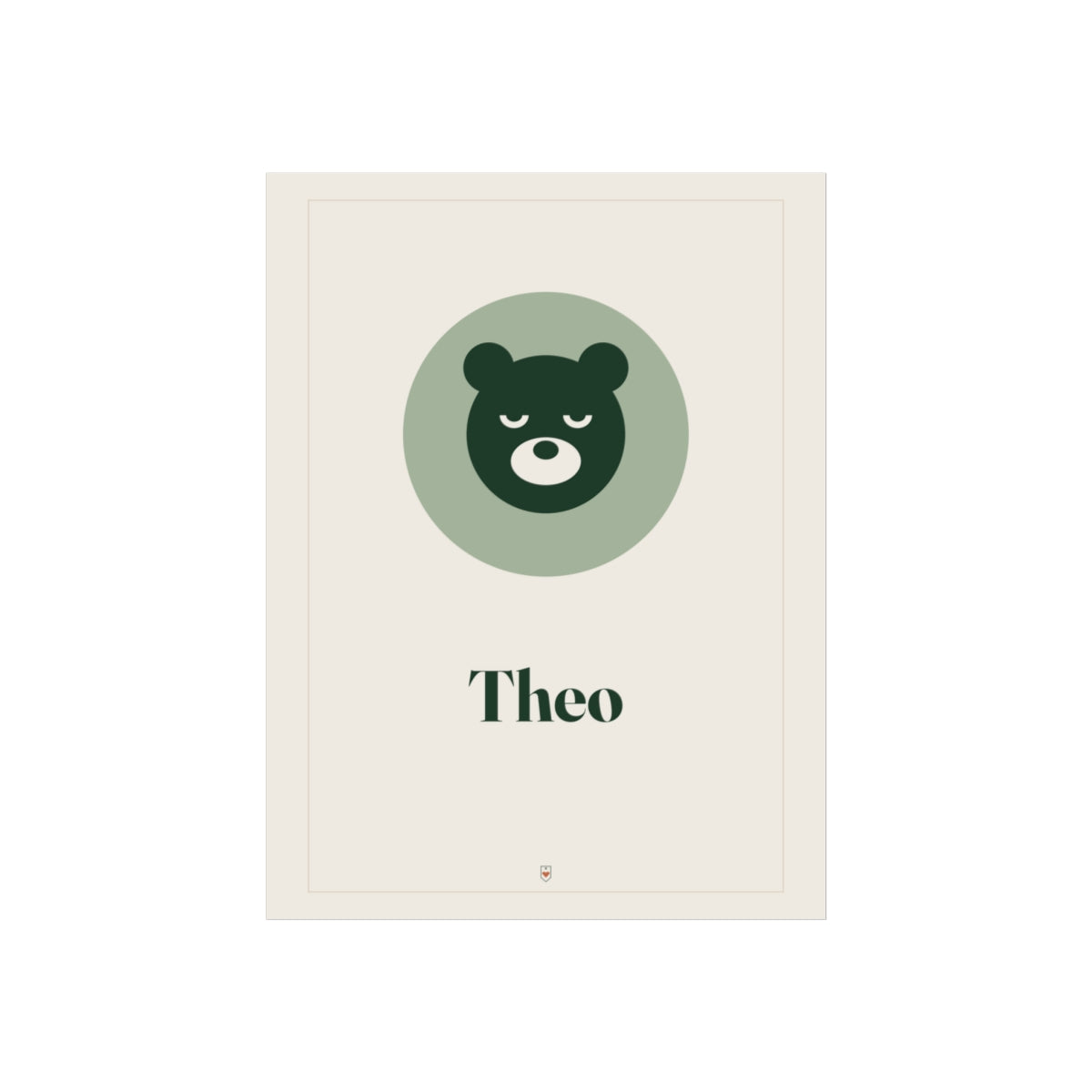 Personalised nursery name print mock-up, a sleepy bear in a sage circle with the sample name 'Theo' on a cream background