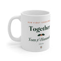 Personalised our first Christmas mug mock-up, white with 'Together', holly, 'Tom & Hannah' and '2026', handle on the left