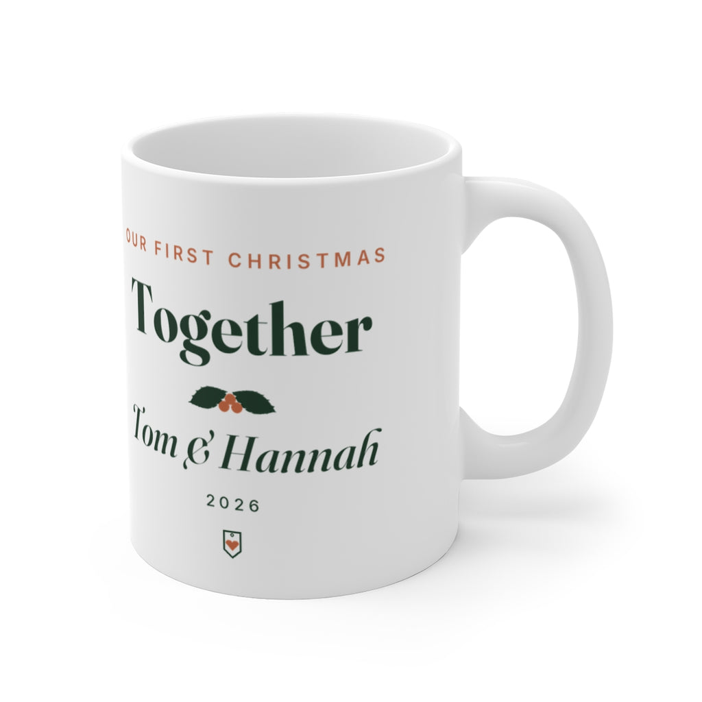 Our first Christmas mug mock-up turned to show the handle on the right, 'Together' and 'Tom & Hannah' on the side