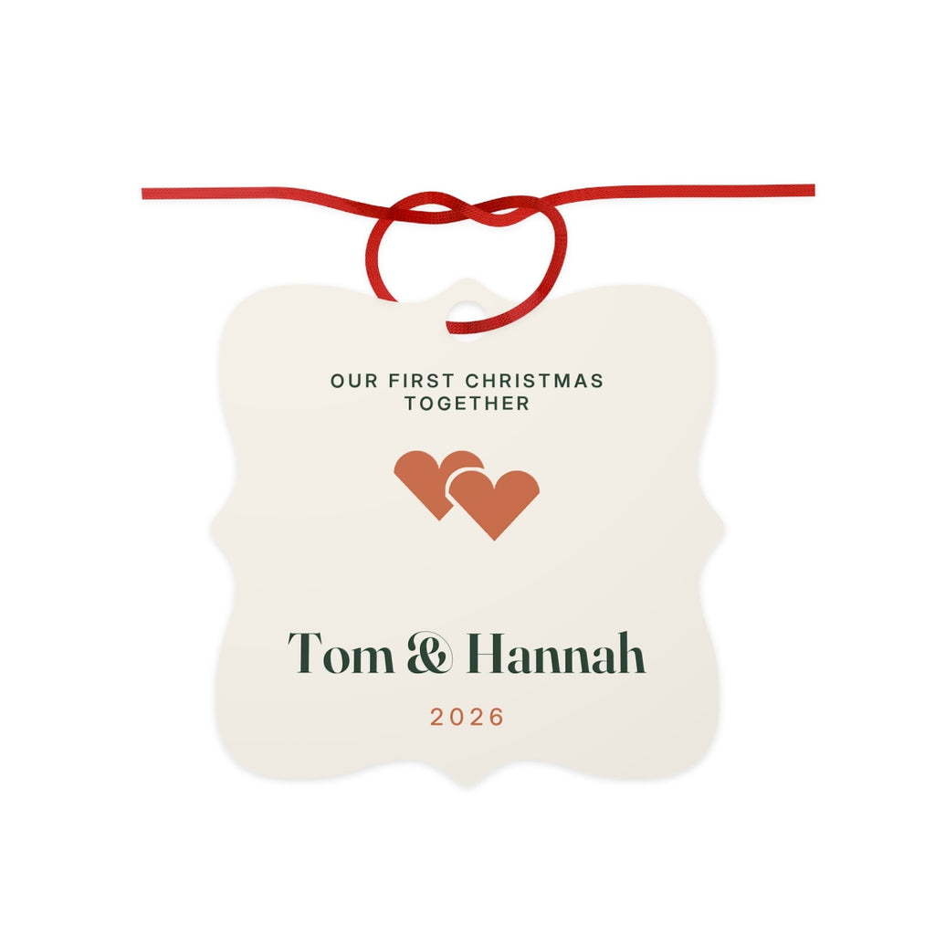 Personalised first Christmas together aluminium ornament mock-up, scalloped cream square with two hearts and 'Tom & Hannah'