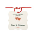 Personalised first Christmas together aluminium ornament mock-up, scalloped cream square with two hearts and 'Tom & Hannah'