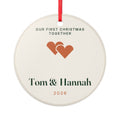 Personalised first Christmas together ornament mock-up, round cream ceramic with two hearts, 'Tom & Hannah' and '2026'