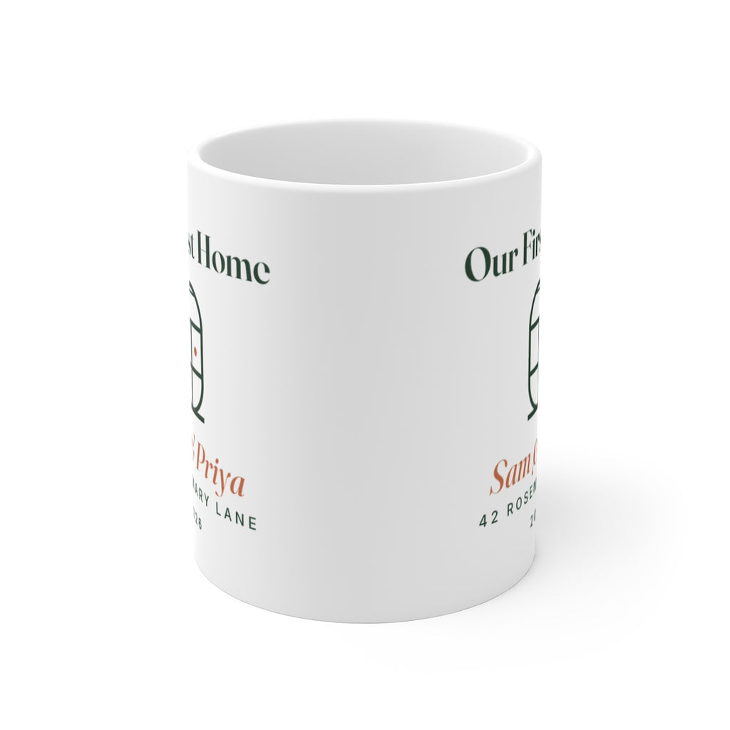 Our first home mug mock-up seen from the front with the handle hidden, the design printed on both sides