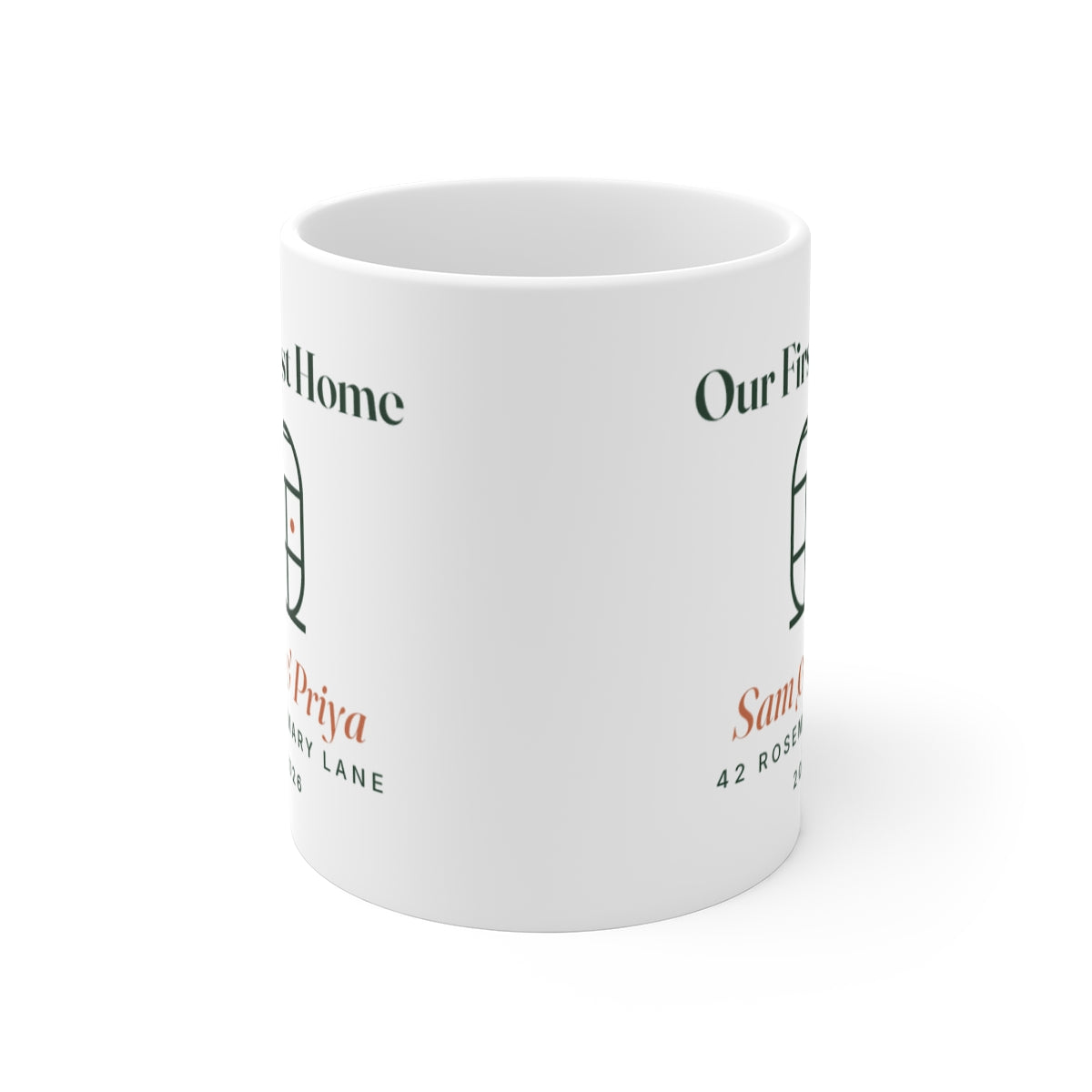 Our first home mug mock-up seen from the front with the handle hidden, the design printed on both sides