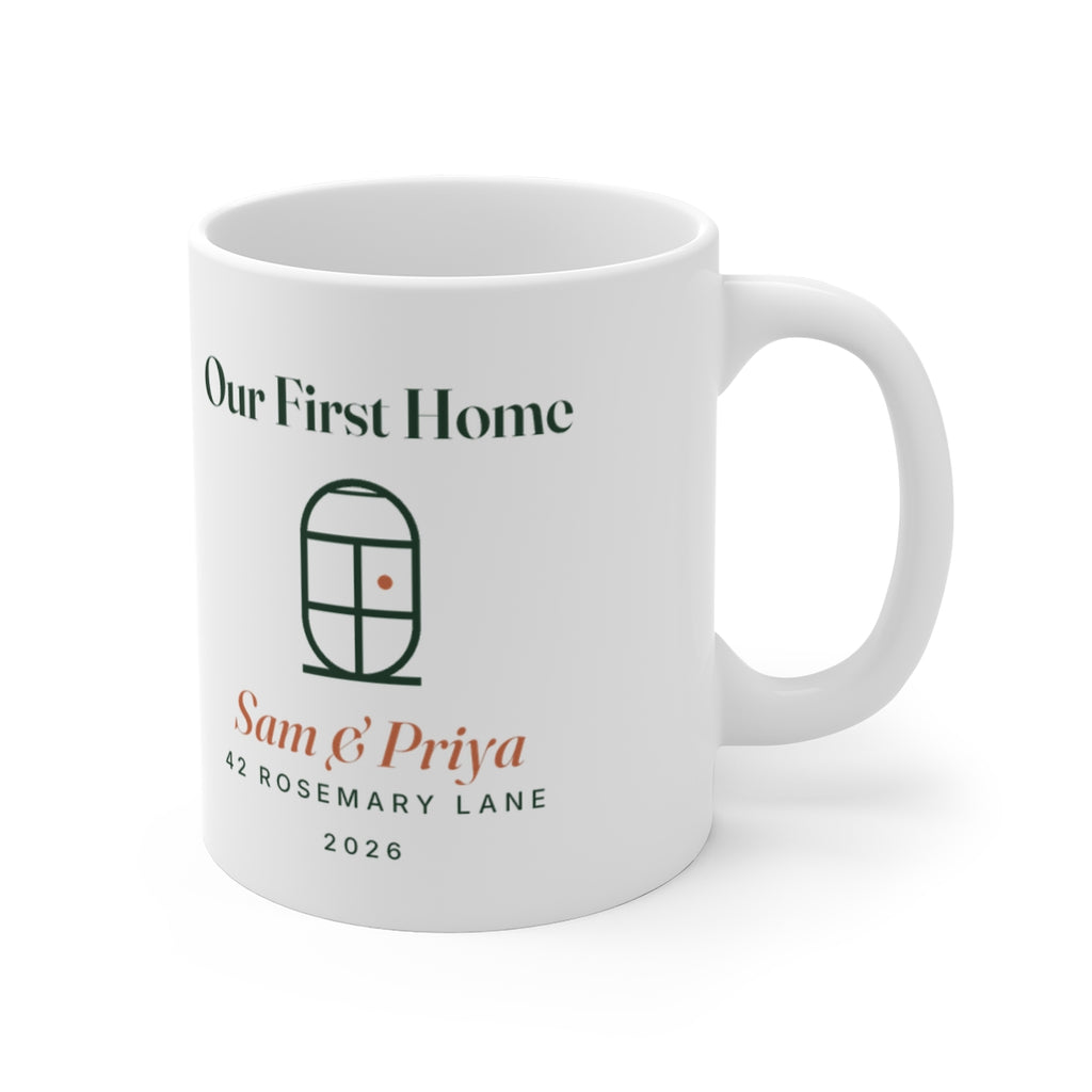 Our first home mug mock-up turned to show the handle on the right, the door drawing and sample address on the side