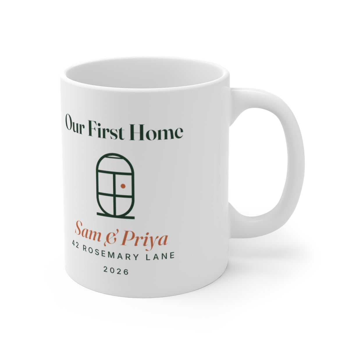 Our first home mug mock-up turned to show the handle on the right, the door drawing and sample address on the side