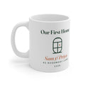 Personalised our first home mug mock-up, white with a line-drawn door, 'Sam & Priya' and '42 Rosemary Lane', handle left