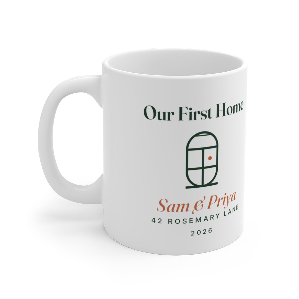Personalised our first home mug mock-up, white with a line-drawn door, 'Sam & Priya' and '42 Rosemary Lane', handle left