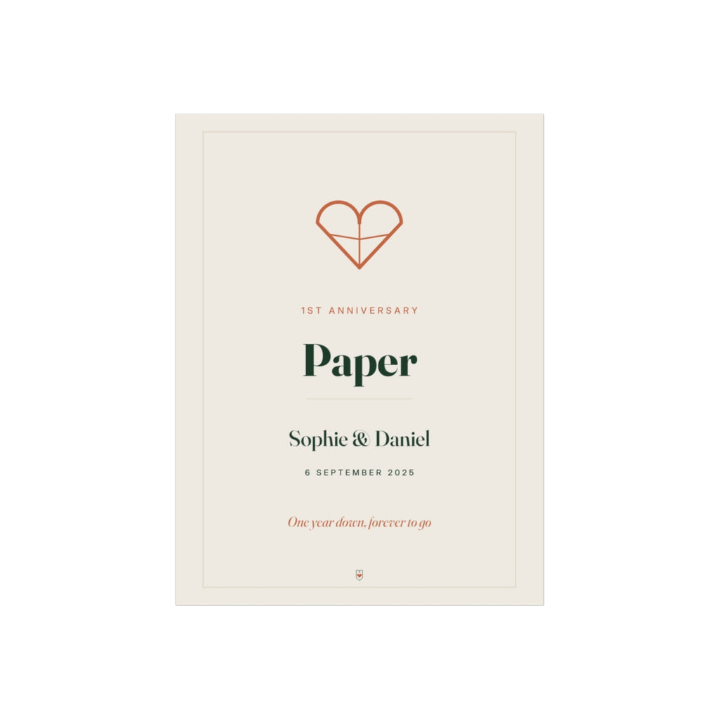 Personalised paper anniversary print mock-up with a folded-paper heart, 'Paper', 'Sophie & Daniel' and '6 September 2025'