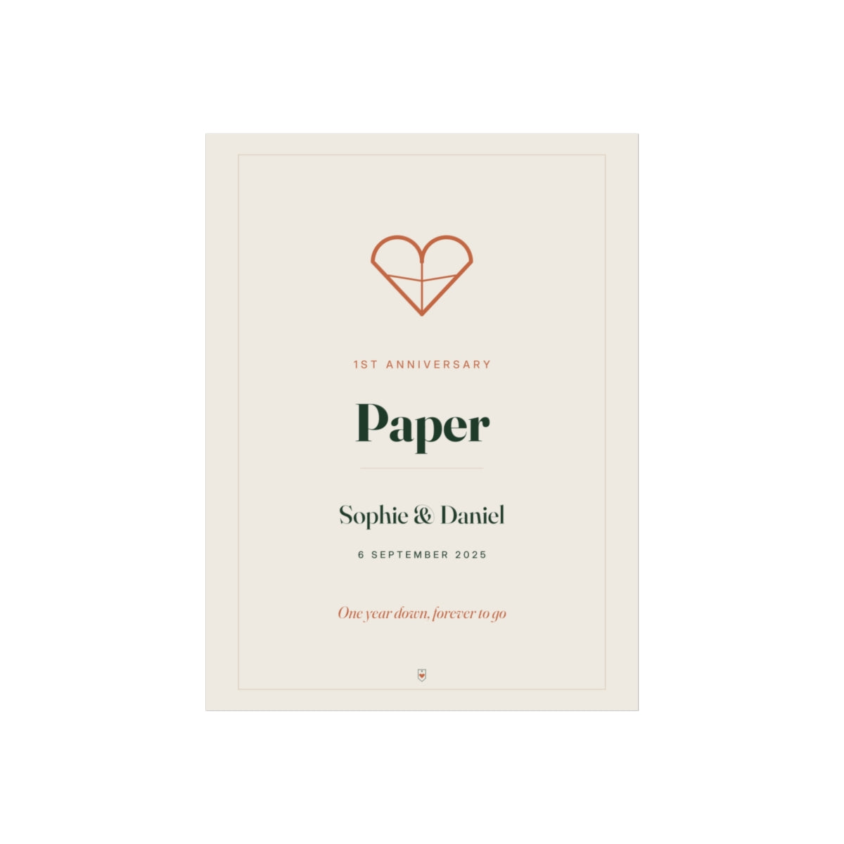 Personalised paper anniversary print mock-up with a folded-paper heart, 'Paper', 'Sophie & Daniel' and '6 September 2025'