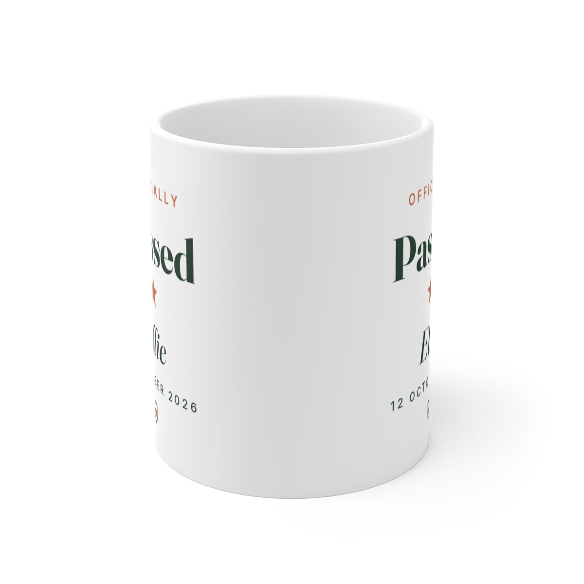 Passed driving test mug mock-up seen from the front with the handle hidden, the design visible on both sides