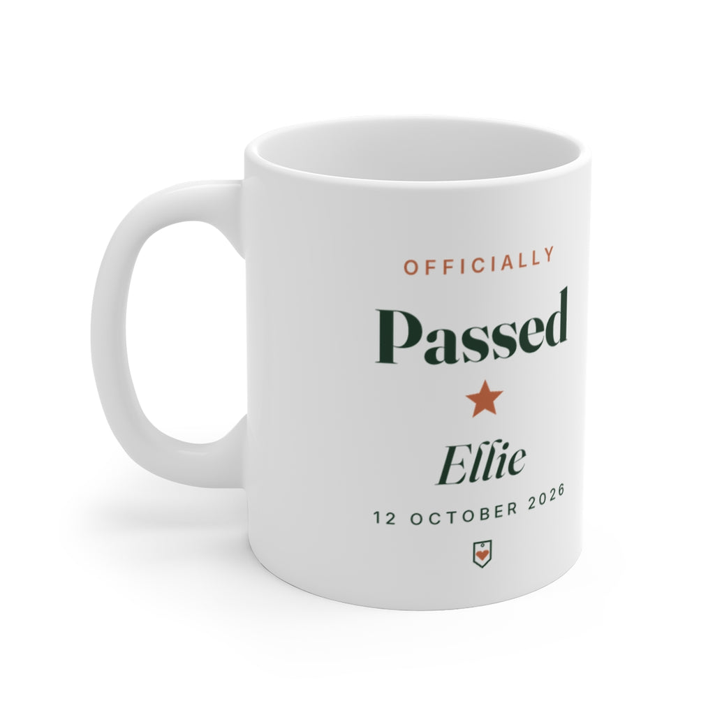 Personalised passed driving test mug mock-up, white with 'Officially Passed', 'Ellie' and '12 October 2026', handle left