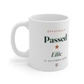 Personalised passed driving test mug mock-up, white with 'Officially Passed', 'Ellie' and '12 October 2026', handle left