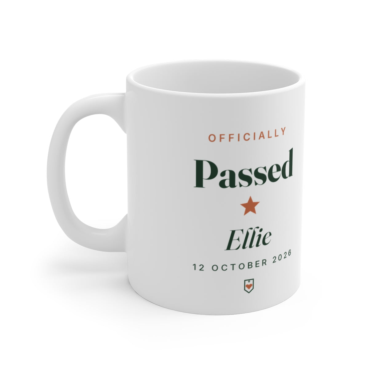 Personalised passed driving test mug mock-up, white with 'Officially Passed', 'Ellie' and '12 October 2026', handle left