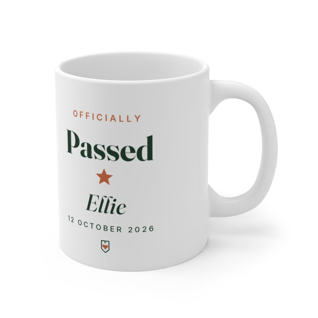 Passed driving test mug mock-up turned to show the handle on the right, 'Officially Passed' and 'Ellie' on the side
