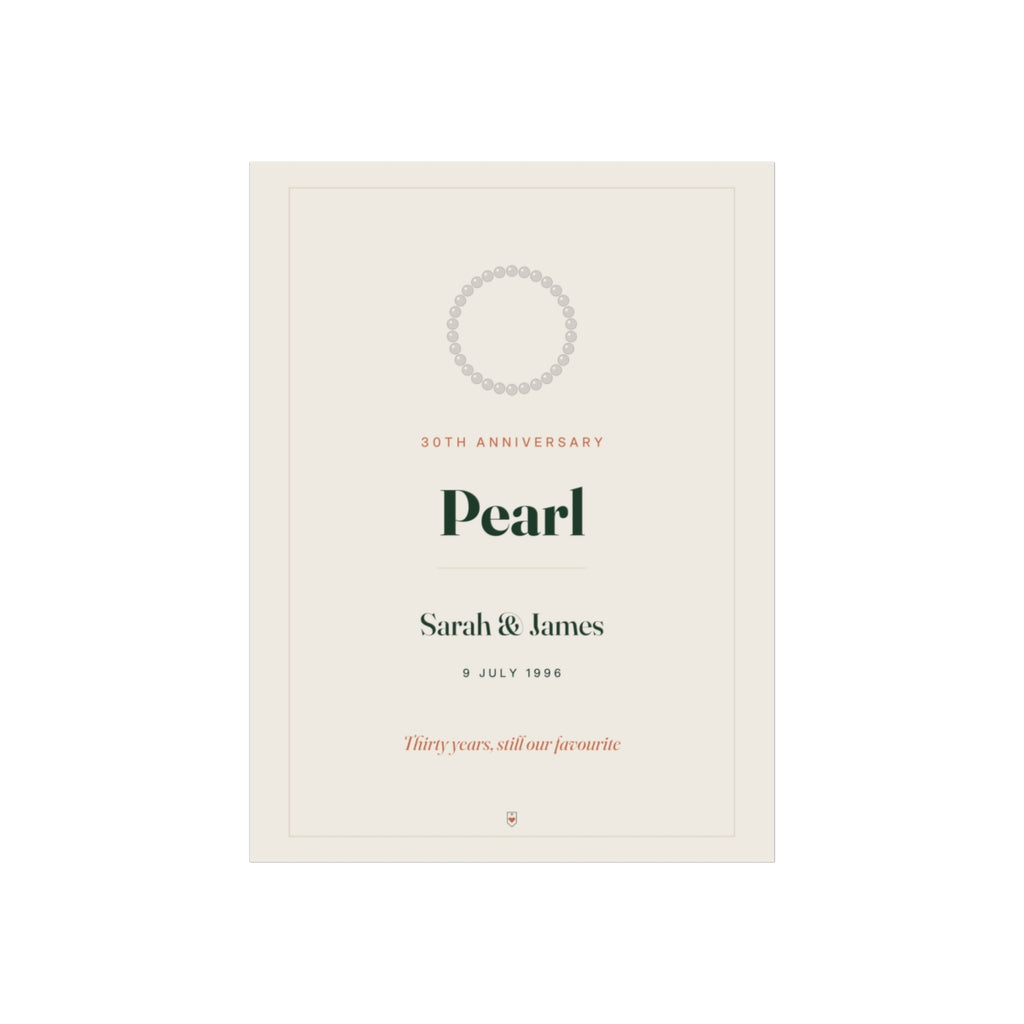 Personalised pearl anniversary print mock-up with a ring of pearls, 'Pearl', 'Sarah & James' and '9 July 1996' on a cream background