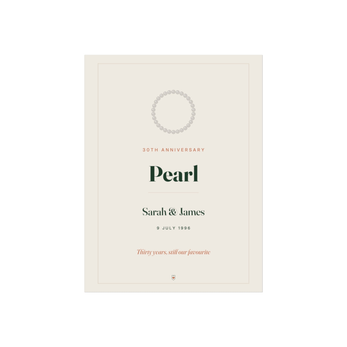 Personalised pearl anniversary print mock-up with a ring of pearls, 'Pearl', 'Sarah & James' and '9 July 1996' on a cream background