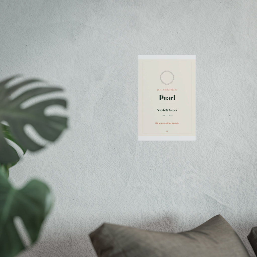 Pearl anniversary print mock-up in the smaller size on the grey wall above a sofa cushion, 'Pearl' in dark green