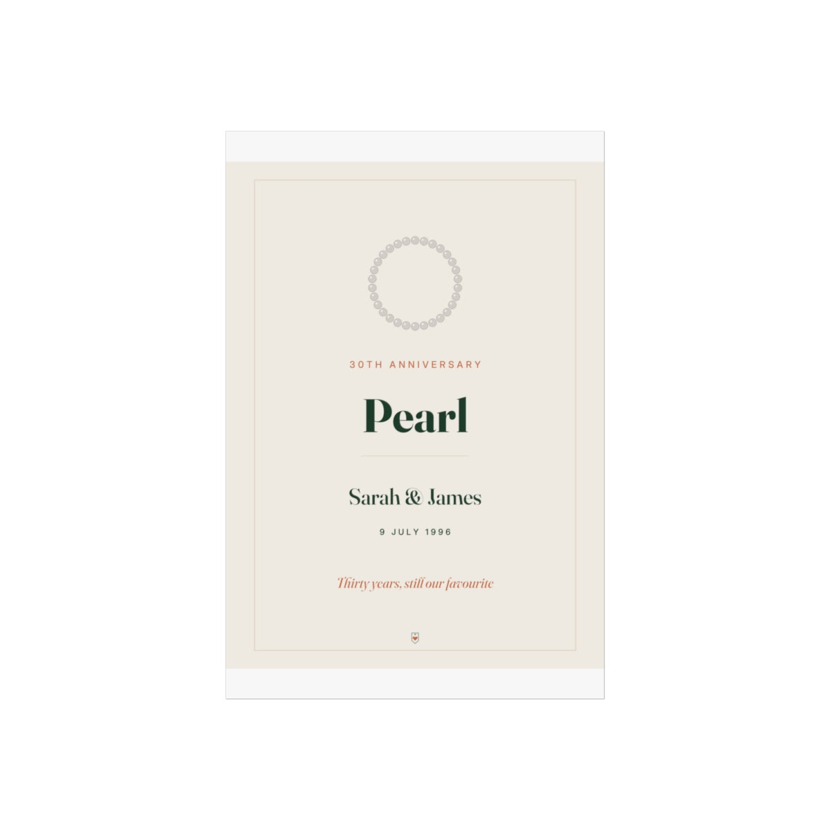 Pearl anniversary print mock-up, unframed, with 'Sarah & James', '9 July 1996' and 'Thirty years, still our favourite'