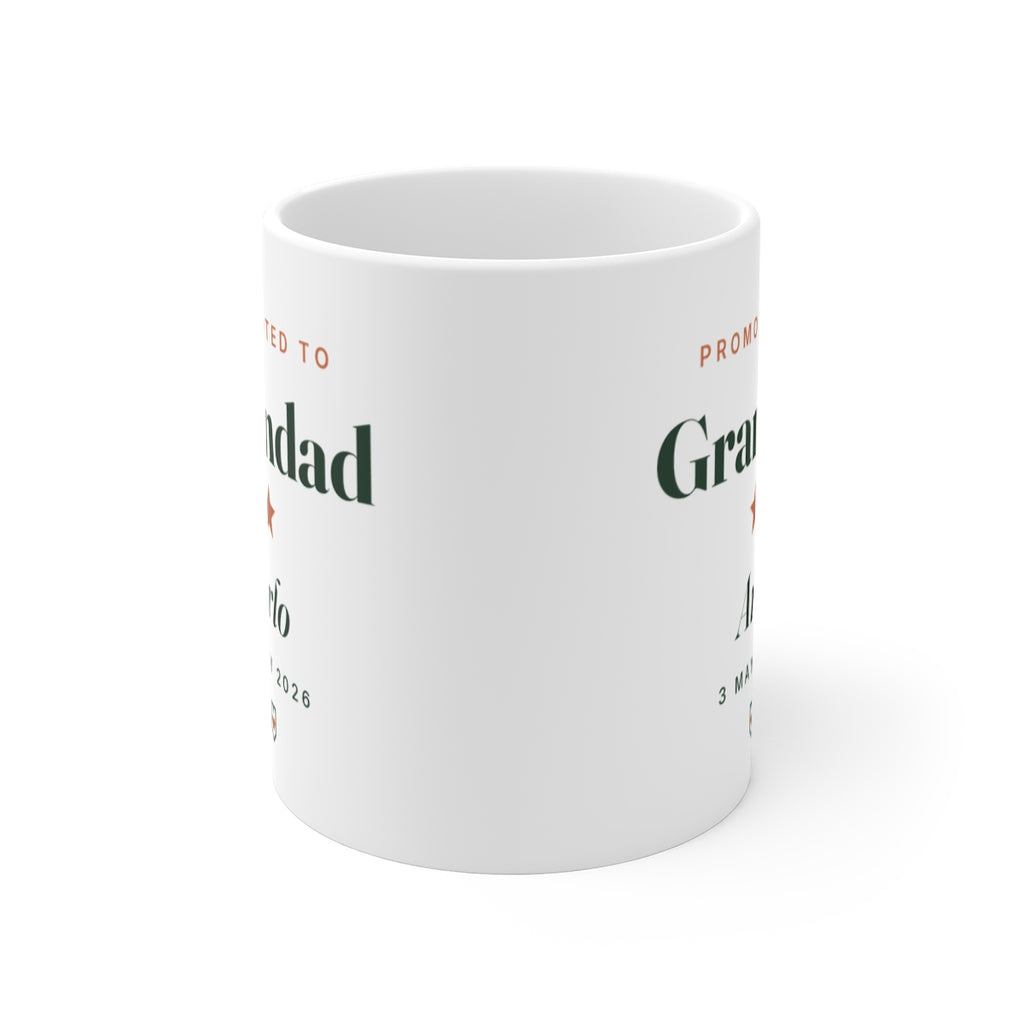 Promoted to Grandad mug seen straight on with the handle behind, the printed design showing on both sides