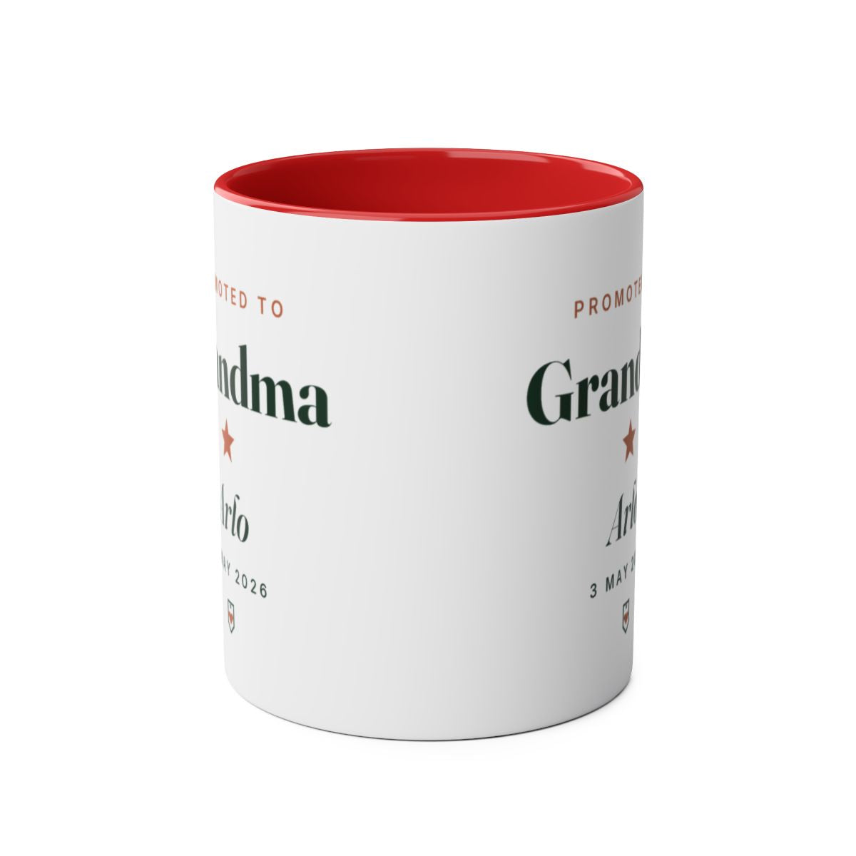 Promoted to Grandparent two-tone red mug mock-up from the front, handle hidden behind, 'Grandma' print on both sides