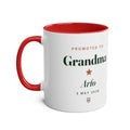 Personalised Promoted to Grandparent two-tone mug mock-up, red inside and handle, printed 'Grandma', 'Arlo' and '3 May 2026'