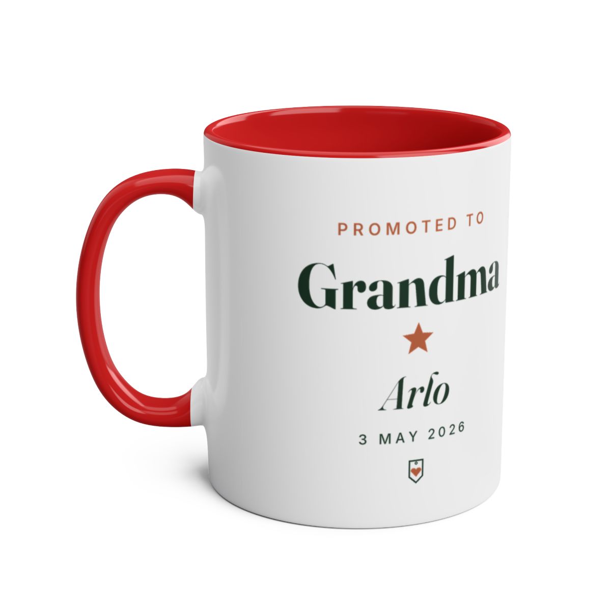 Personalised Promoted to Grandparent two-tone mug mock-up, red inside and handle, printed 'Grandma', 'Arlo' and '3 May 2026'