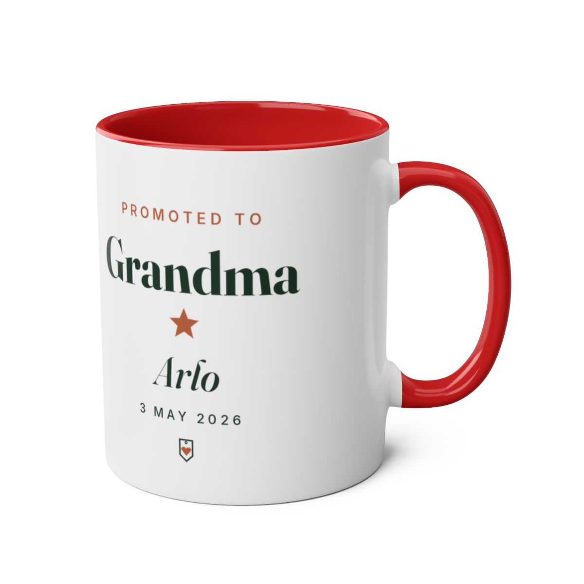 Promoted to Grandparent two-tone red mug mock-up, handle on the right, printed 'Grandma', 'Arlo' and '3 May 2026'