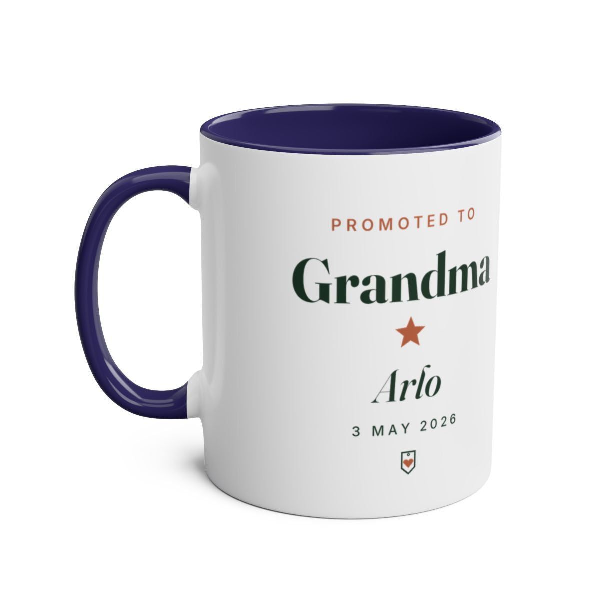 Promoted to Grandparent two-tone mug mock-up, dark blue inside and handle on the left, sample text 'Grandma' and 'Arlo'