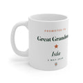 Personalised Promoted to Great Grandma mug mock-up with sample name 'Isla' and '3 May 2026', handle on the left