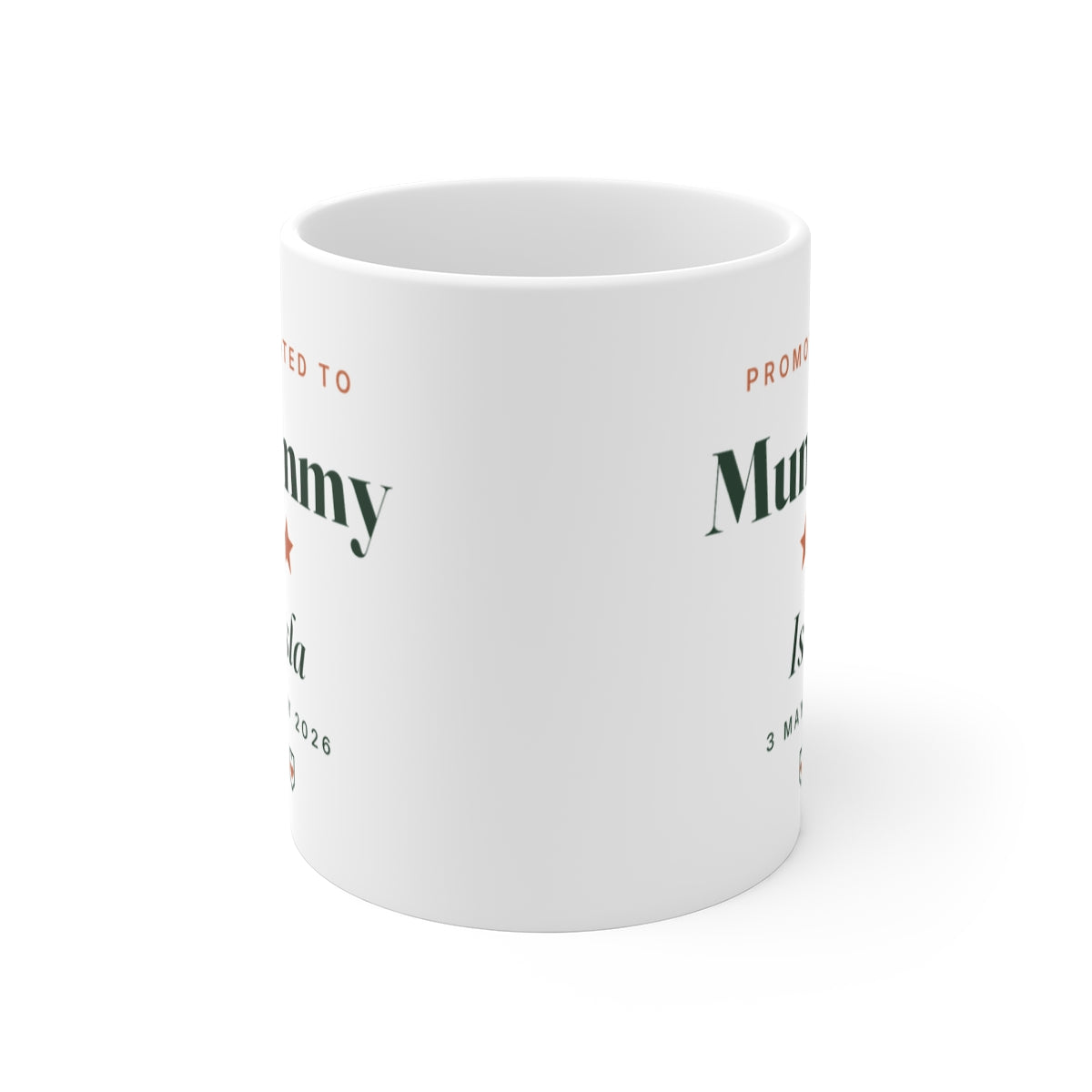 Promoted to Mummy mug seen straight on with the handle behind, the printed design showing on both sides