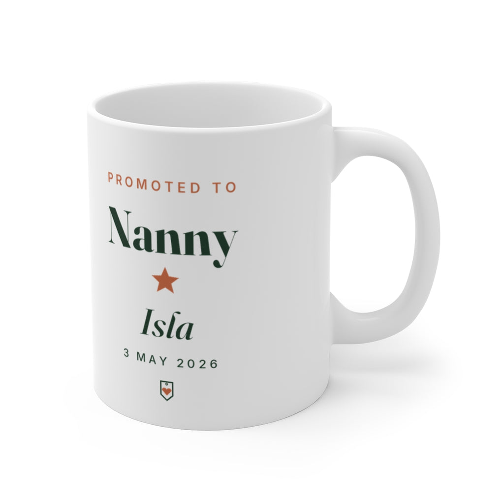 Promoted to Nanny mug mock-up with 'Isla' and '3 May 2026' printed, handle on the right