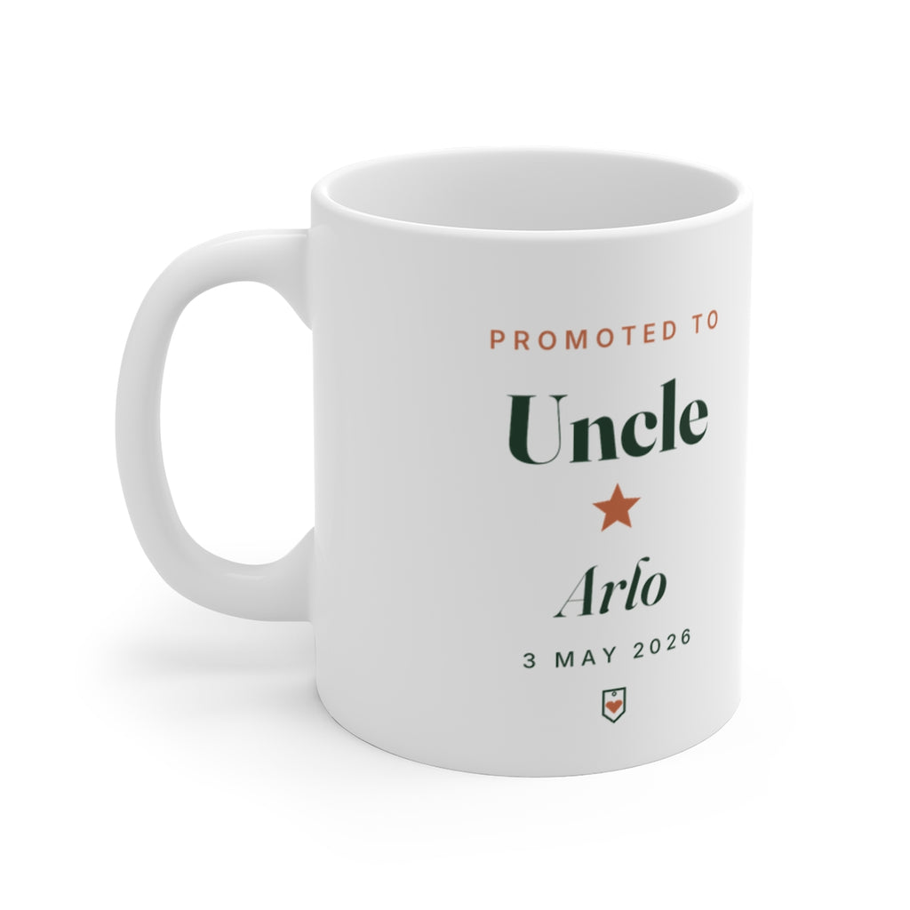 Personalised Promoted to Uncle mug mock-up with sample name 'Arlo' and '3 May 2026', handle on the left