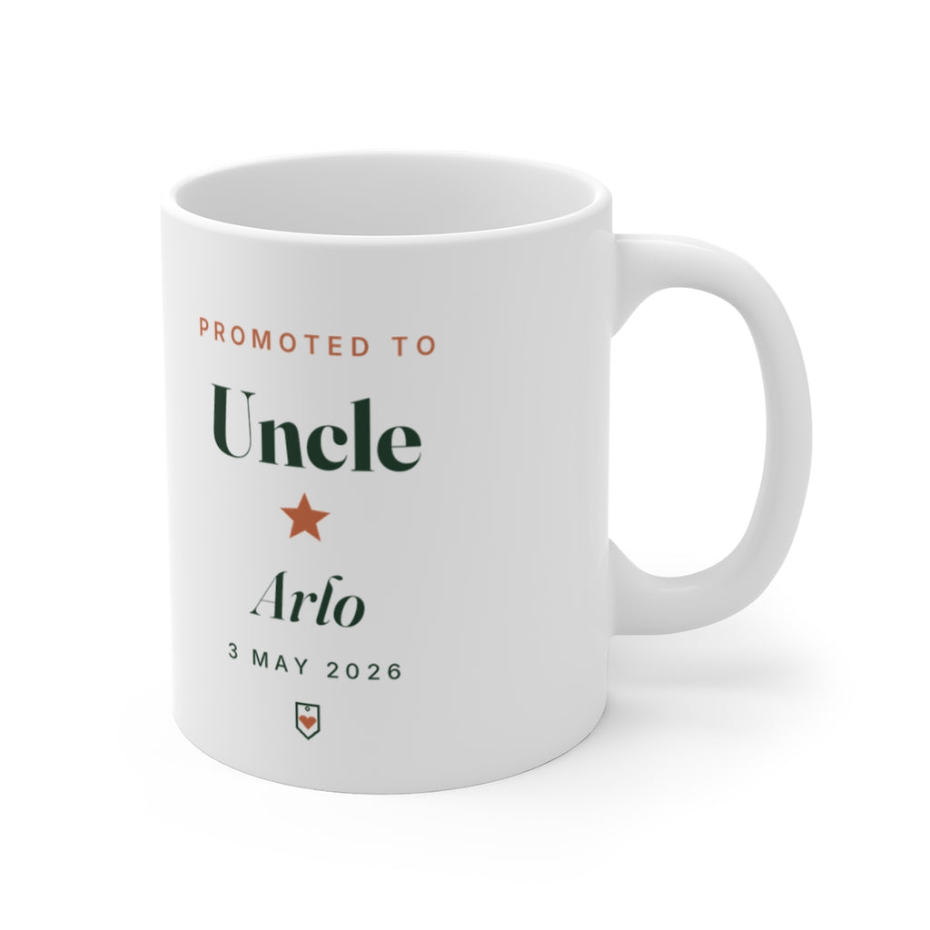 Promoted to Uncle mug mock-up with 'Arlo' and '3 May 2026' printed, handle on the right