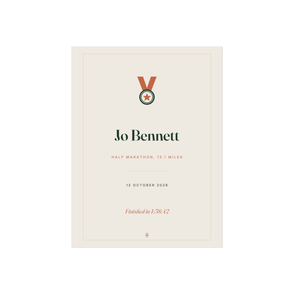 Personalised race print mock-up with a medal icon, 'Jo Bennett', 'Half Marathon, 13.1 miles' and 'Finished in 1:58:42'