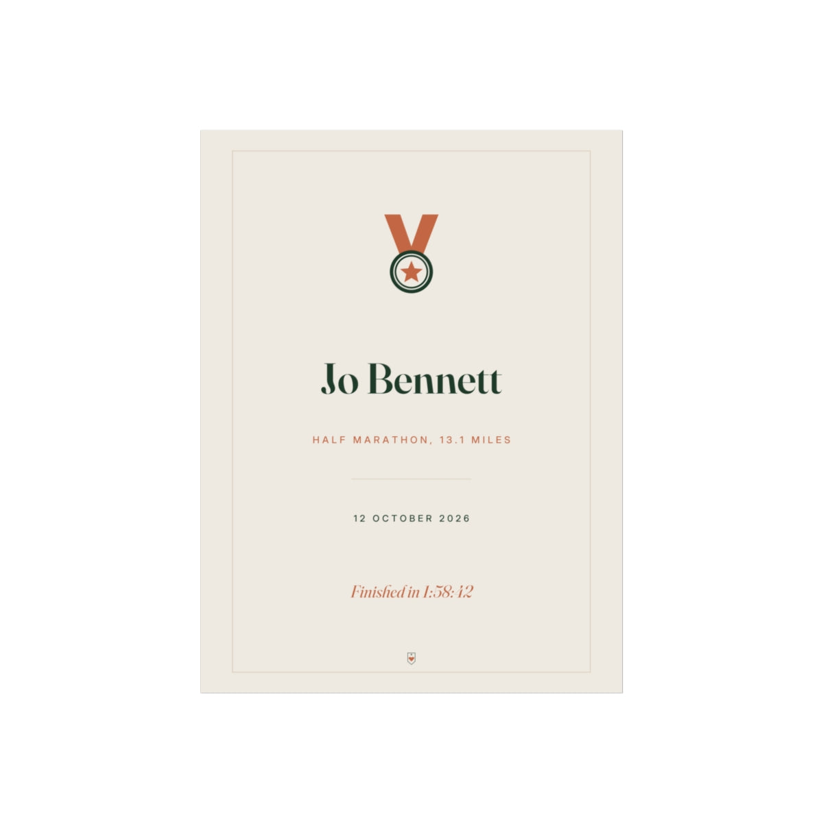 Personalised race print mock-up with a medal icon, 'Jo Bennett', 'Half Marathon, 13.1 miles' and 'Finished in 1:58:42'