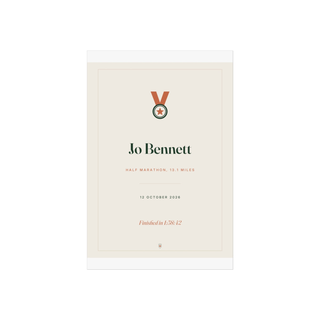 Race print mock-up, unframed with white margins top and bottom, medal icon above 'Jo Bennett' and 'Half marathon'