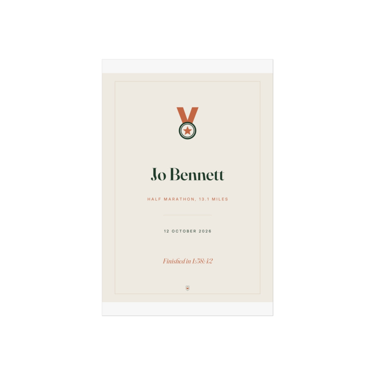 Race print mock-up, unframed with white margins top and bottom, medal icon above 'Jo Bennett' and 'Half marathon'