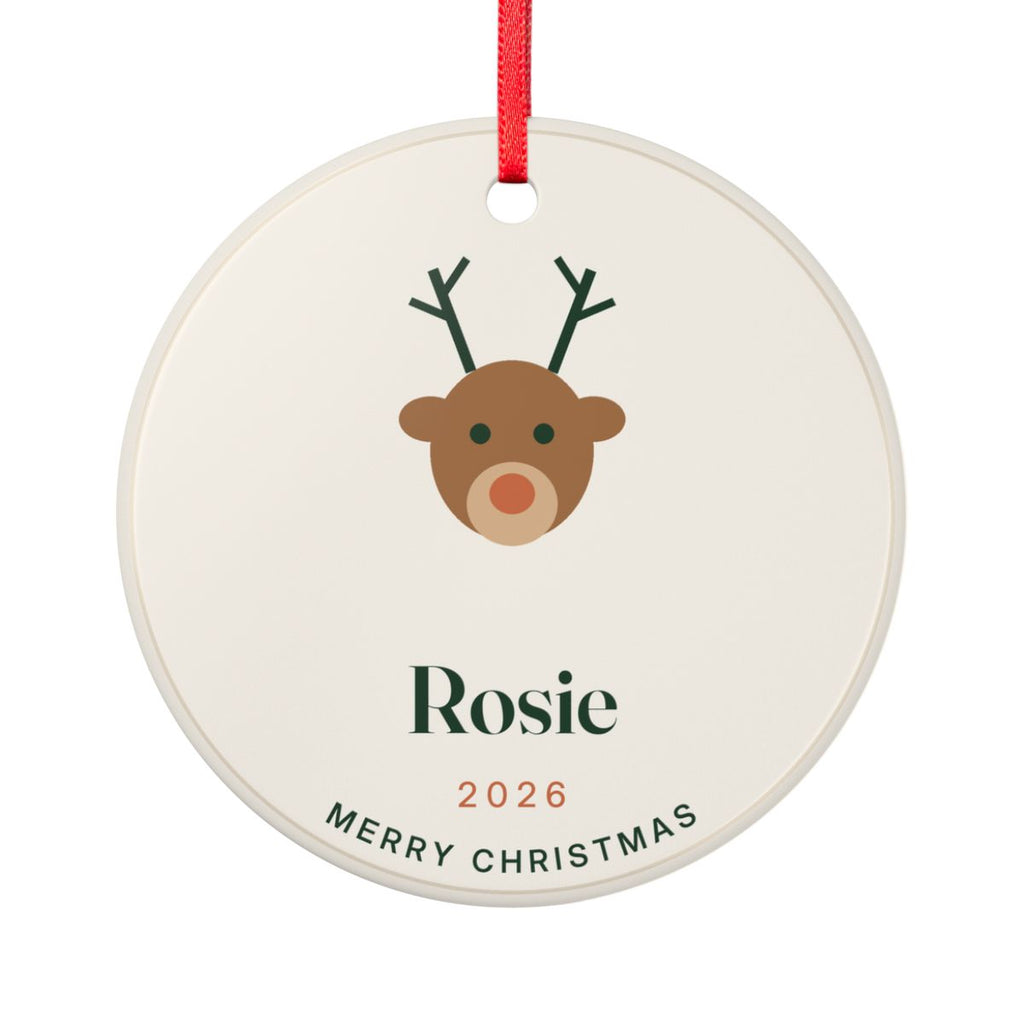 Personalised reindeer ceramic Christmas ornament mock-up with a cartoon reindeer face, 'Rosie', '2026' and 'Merry Christmas'