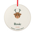 Personalised reindeer ceramic Christmas ornament mock-up with a cartoon reindeer face, 'Rosie', '2026' and 'Merry Christmas'