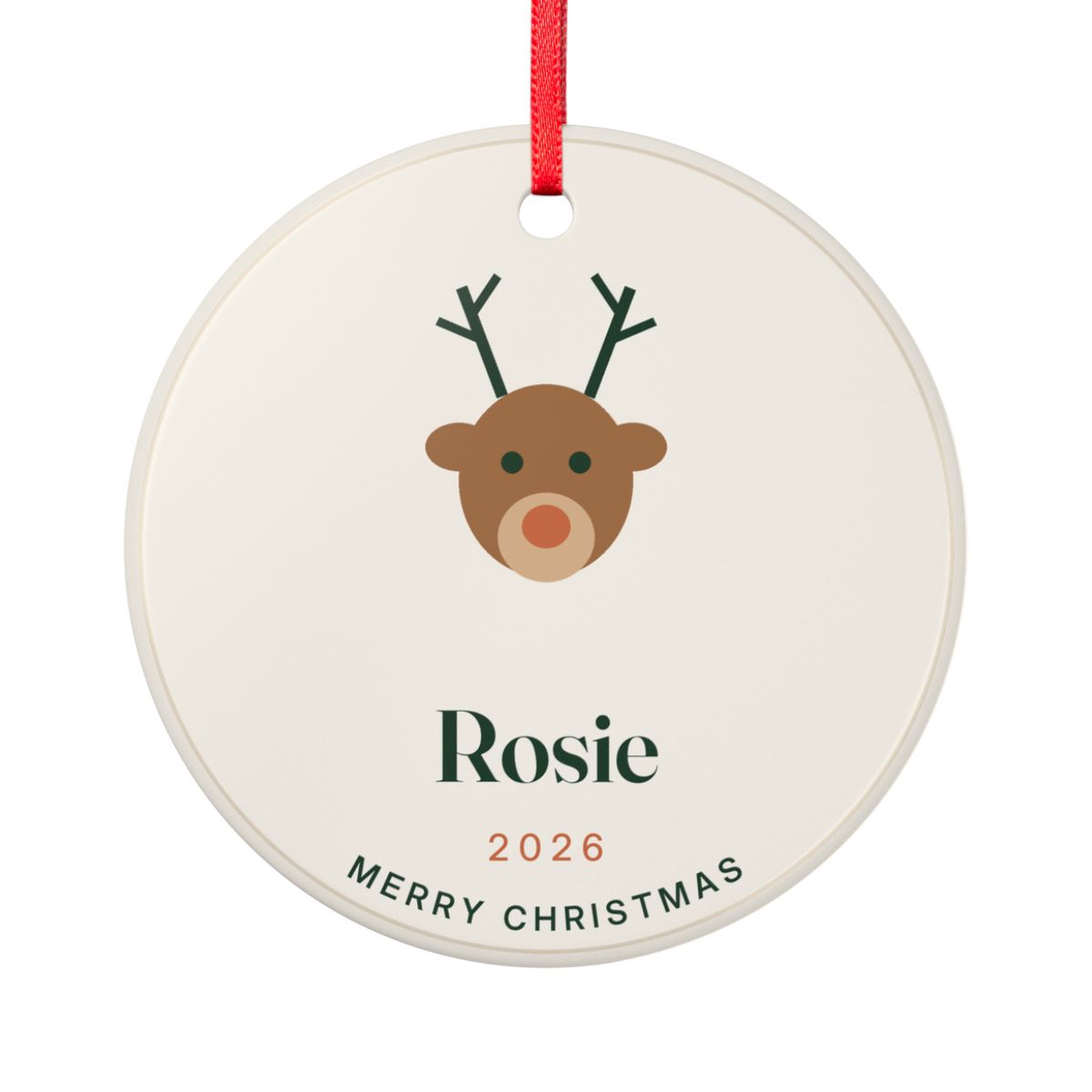 Personalised reindeer ceramic Christmas ornament mock-up with a cartoon reindeer face, 'Rosie', '2026' and 'Merry Christmas'